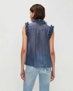 7 For All Mankind Sleeveless Lurex Stripe Ruffle Collar Shirt In Denim Blue -Sleek Fit Style 7N515C55 DBM 04