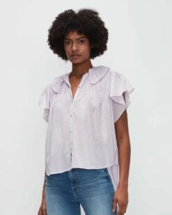 7 For All Mankind Peter Pan Collar Ruffle Top In Light Lilac