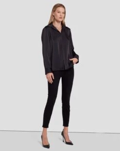 7 For All Mankind Embellished Satin Button-Up Shirt In Black -Sleek Fit Style 7N545F63 BLK 2