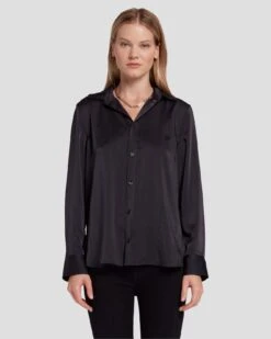 7 For All Mankind Embellished Satin Button-Up Shirt In Black -Sleek Fit Style 7N545F63 BLK 6