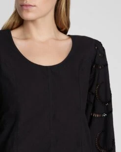 7 For All Mankind Balloon Sleeve Eyelet Top In Black -Sleek Fit Style 7N564F07 BLK 3