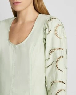 7 For All Mankind Balloon Sleeve Eyelet Top In Seafoam -Sleek Fit Style 7N564F07 SFM 3