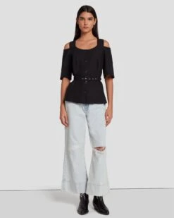7 For All Mankind Tailored Off The Shoulder Top In Black -Sleek Fit Style 7N570F31 BLK 6