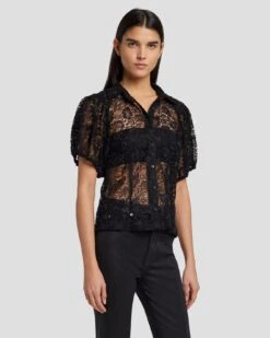 7 For All Mankind Lace Puff Sheer Blouse In Black