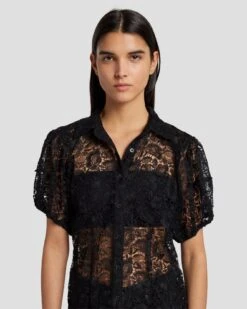 7 For All Mankind Lace Puff Sheer Blouse In Black -Sleek Fit Style 7N573D67 BLK 3