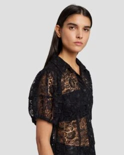 7 For All Mankind Lace Puff Sheer Blouse In Black -Sleek Fit Style 7N573D67 BLK 5