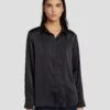 7 For All Mankind Satin Button Up Shirt In Black -Sleek Fit Style 7N574F42 BLK 1