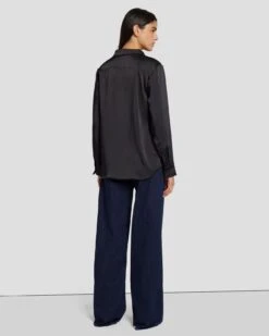 7 For All Mankind Satin Button Up Shirt In Black -Sleek Fit Style 7N574F42 BLK 4