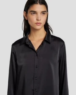 7 For All Mankind Satin Button Up Shirt In Black -Sleek Fit Style 7N574F42 BLK 5