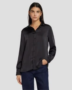 7 For All Mankind Satin Button Up Shirt In Black -Sleek Fit Style 7N574F42 BLK 6