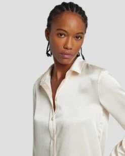 7 For All Mankind Satin Button Up Shirt In Cream -Sleek Fit Style 7N574F42 CRM 3