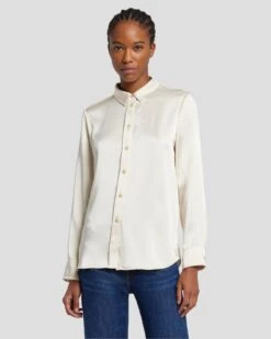 7 For All Mankind Satin Button Up Shirt In Cream -Sleek Fit Style 7N574F42 CRM 6