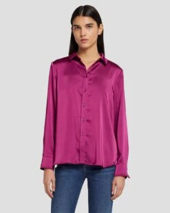7 For All Mankind Satin Button Up Shirt In Raspberry -Sleek Fit Style 7N574F42 RBR 3