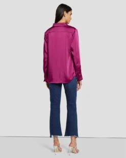 7 For All Mankind Satin Button Up Shirt In Raspberry -Sleek Fit Style 7N574F42 RBR 4