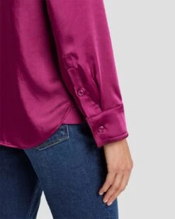 7 For All Mankind Satin Button Up Shirt In Raspberry -Sleek Fit Style 7N574F42 RBR 5