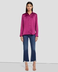 7 For All Mankind Satin Button Up Shirt In Raspberry -Sleek Fit Style 7N574F42 RBR 6