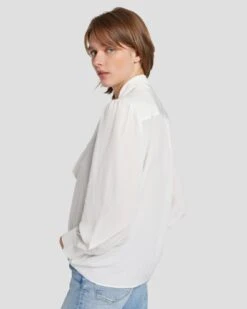 7 For All Mankind Silk Tie Neck Blouse In Cream -Sleek Fit Style 7N576F49 CRM 5