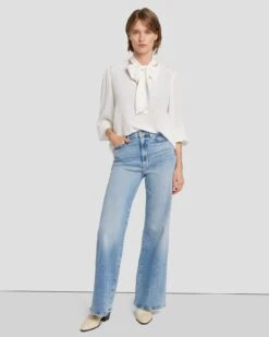 7 For All Mankind Silk Tie Neck Blouse In Cream -Sleek Fit Style 7N576F49 CRM 6