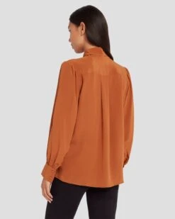 7 For All Mankind Silk Tie Neck Blouse In Ginger -Sleek Fit Style 7N576F49 GIN 4