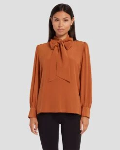 7 For All Mankind Silk Tie Neck Blouse In Ginger -Sleek Fit Style 7N576F49 GIN 5