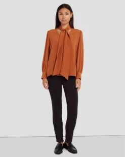 7 For All Mankind Silk Tie Neck Blouse In Ginger -Sleek Fit Style 7N576F49 GIN 6