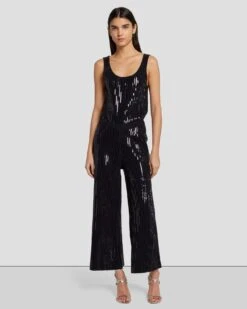 7 For All Mankind Sequin Wide Leg Knit Jumpsuit In Black