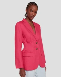 7 For All Mankind Cinched Waist Linen Blazer In Geranium -Sleek Fit Style 7N945F31 GER 0591 D1