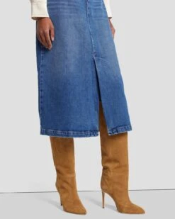 7 For All Mankind Denim Midi Skirt In Explorer -Sleek Fit Style 7U835C10 EPR 3