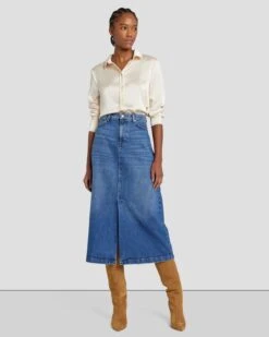 7 For All Mankind Denim Midi Skirt In Explorer -Sleek Fit Style 7U835C10 EPR 6
