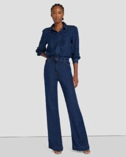 7 For All Mankind Denim Lustre Long Sleeve Jumpsuit In Poppy -Sleek Fit Style 7U837C86 PPY 6