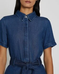 7 For All Mankind Denim Lustre Belted Shirtdress In Dark Indigo -Sleek Fit Style 7U890561 DRI 3