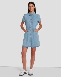 7 For All Mankind Denim Lustre Shirt Dress In Volcan Blue