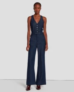 7 For All Mankind Denim Lustre Tailored Wide Leg Jumpsuit In Dark Rinse
