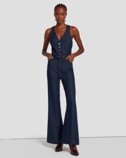 7 For All Mankind Denim Lustre Tailored Wide Leg Jumpsuit In Dark Rinse -Sleek Fit Style 7U896C86 DR3 3