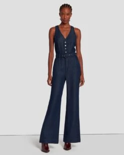 7 For All Mankind Denim Lustre Tailored Wide Leg Jumpsuit In Dark Rinse -Sleek Fit Style 7U896C86 DR3 6