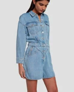 7 For All Mankind Denim Lustre Shortall In Volcan Blue -Sleek Fit Style 7U898C86 VCB 3