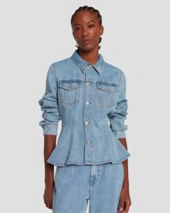 7 For All Mankind Denim Lustre Trucker Jacket In Volcan Blue -Sleek Fit Style 7U943C86 VCB 3