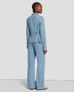 7 For All Mankind Denim Lustre Trucker Jacket In Volcan Blue -Sleek Fit Style 7U943C86 VCB 4