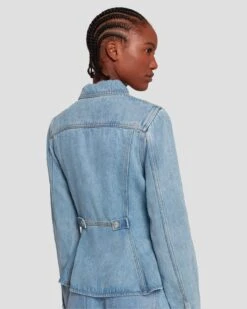 7 For All Mankind Denim Lustre Trucker Jacket In Volcan Blue -Sleek Fit Style 7U943C86 VCB 5