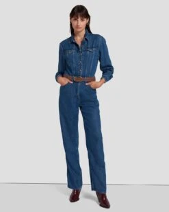 7 For All Mankind Western Denim Jumpsuit In Dolly -Sleek Fit Style 7U949C86 DOY 6