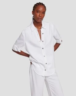 7 For All Mankind Denim Lustre Short Sleeve Shirt In Brilliant White -Sleek Fit Style 7U993786 BW0 3