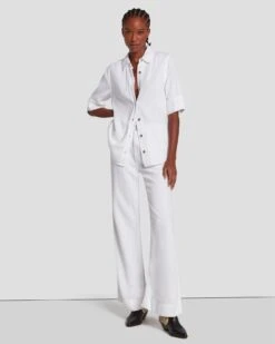 7 For All Mankind Denim Lustre Short Sleeve Shirt In Brilliant White -Sleek Fit Style 7U993786 BW0 6