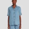 7 For All Mankind Denim Lustre Short Sleeve Shirt In Volcan Blue -Sleek Fit Style 7U993C86 VCB 1