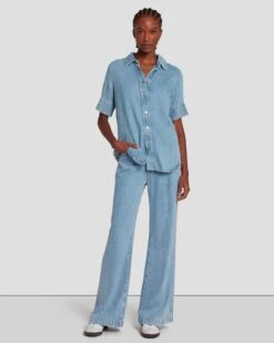 7 For All Mankind Denim Lustre Short Sleeve Shirt In Volcan Blue -Sleek Fit Style 7U993C86 VCB 6