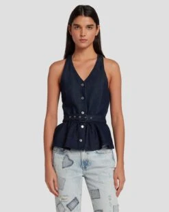 7 For All Mankind Denim Lustre Tailored Vest In Dark Rinse