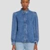 7 For All Mankind Denim Lustre Puff Sleeve Shirt In Daylily -Sleek Fit Style 7U997C86 DLY 1