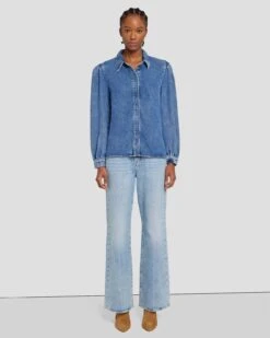 7 For All Mankind Denim Lustre Puff Sleeve Shirt In Daylily -Sleek Fit Style 7U997C86 DLY 3