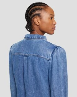 7 For All Mankind Denim Lustre Puff Sleeve Shirt In Daylily -Sleek Fit Style 7U997C86 DLY 5