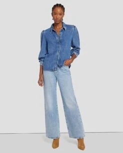 7 For All Mankind Denim Lustre Puff Sleeve Shirt In Daylily -Sleek Fit Style 7U997C86 DLY 6