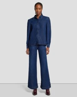7 For All Mankind Denim Lustre Puff Sleeve Shirt In Poppy -Sleek Fit Style 7U997C86 PPY 1